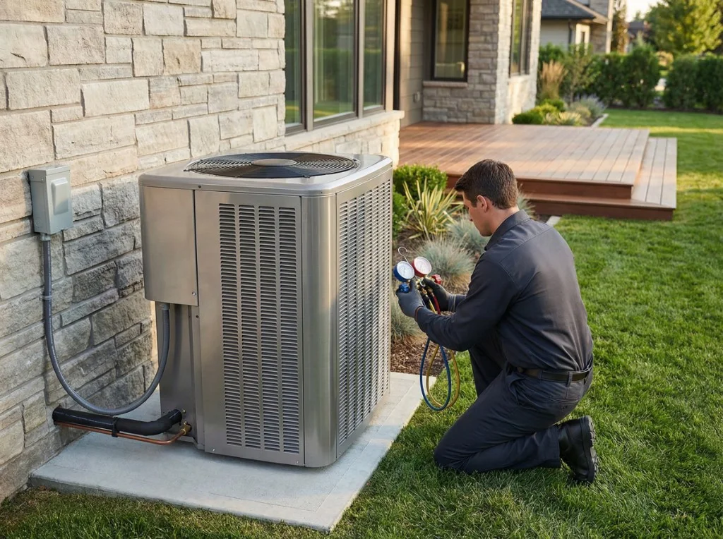 Technician at outdoor AC installation