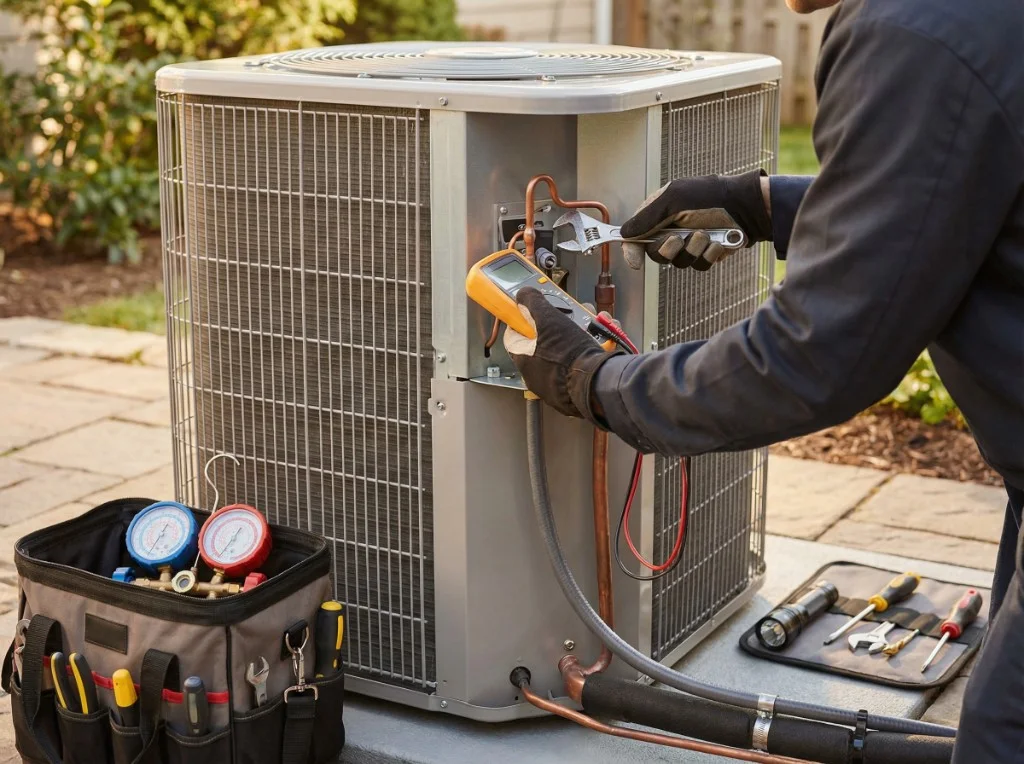 HVAC technician diagnosing an outdoor AC condenser
