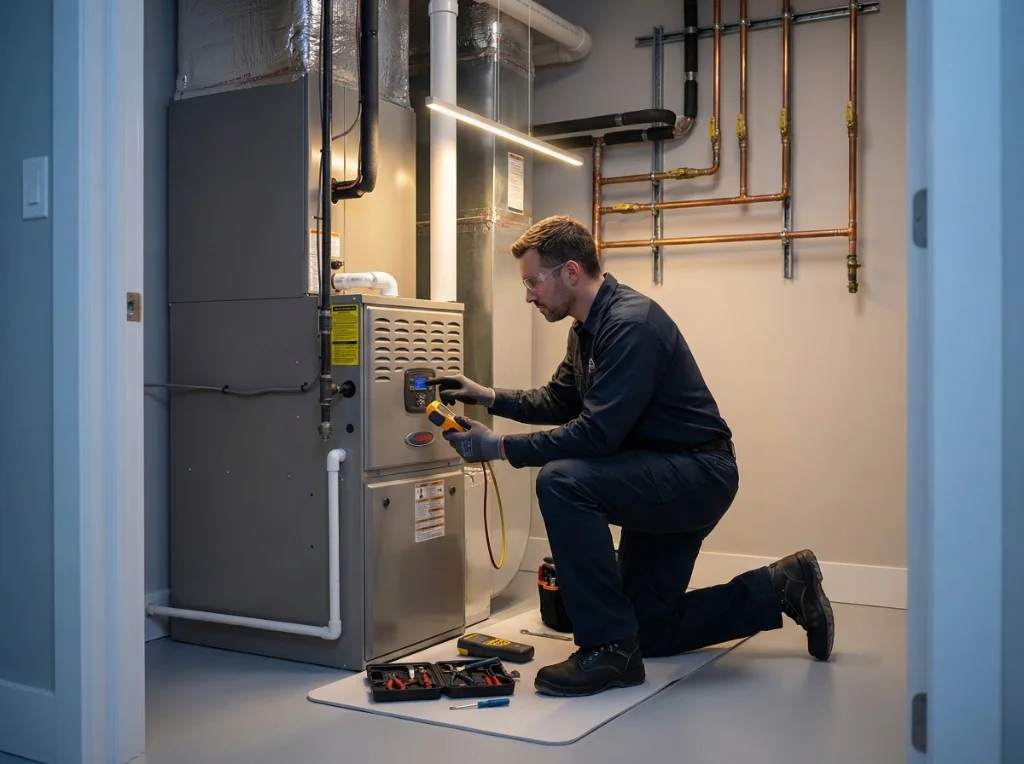 Technician testing a residential furnace with a multimeter