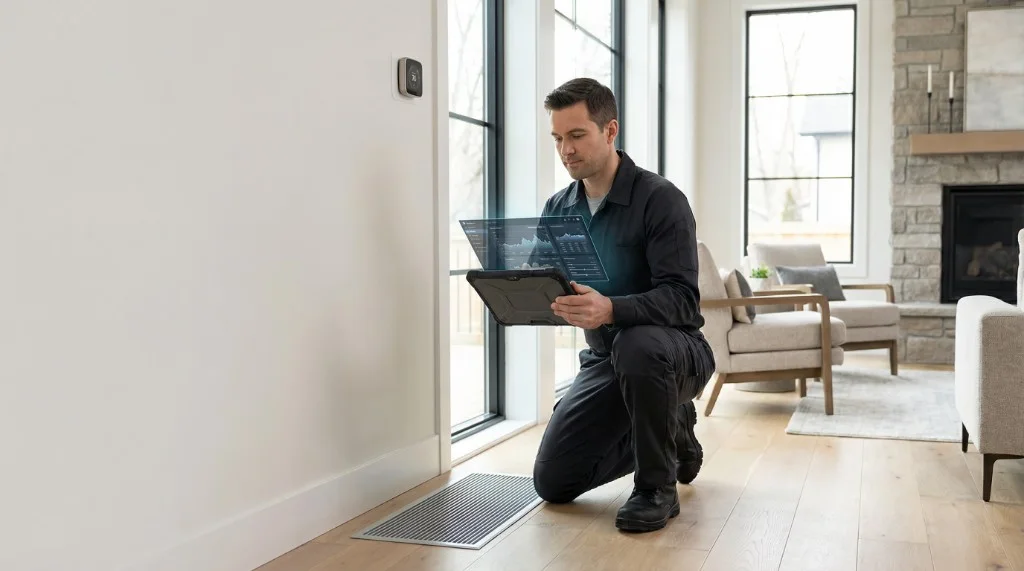 HVAC technician using tablet diagnostics beside a floor vent in a modern home