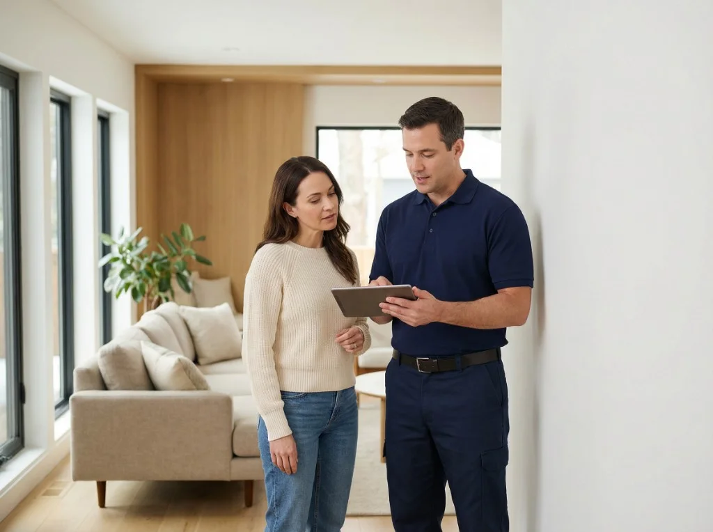 HVAC technician showing a homeowner details on a tablet during an in-home consultation